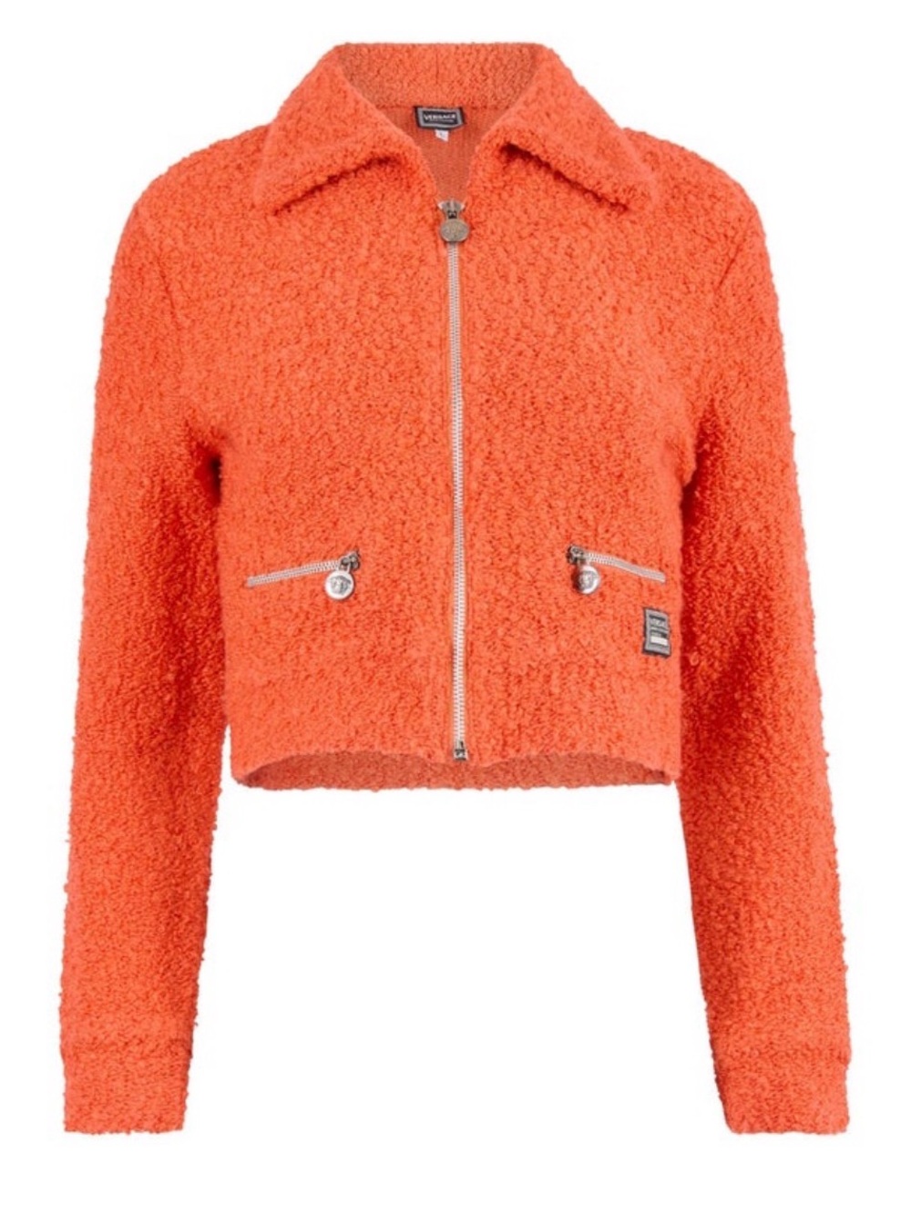 VERSACE 90s Orange Bouclé Cropped Jacket with Silver Medusa Hardware